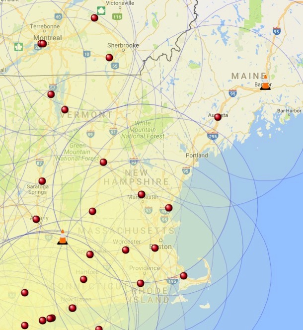 Supercharger locations with yellow 100-mile range circles